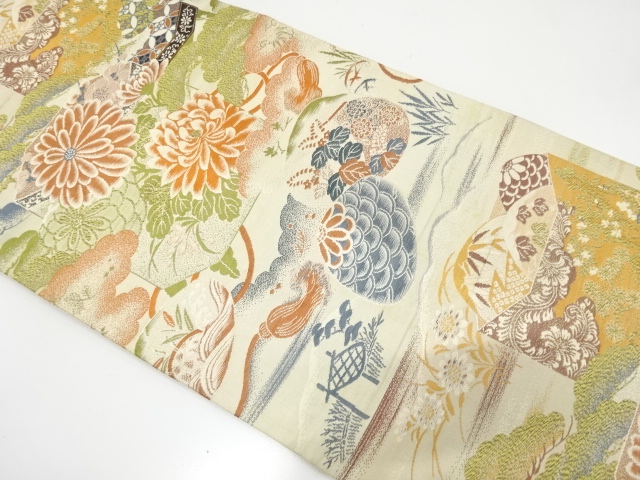 JAPANESE KIMONO / ANTIQUE NAGOYA OBI / SILK / WOVEN FLORAL PLANTS